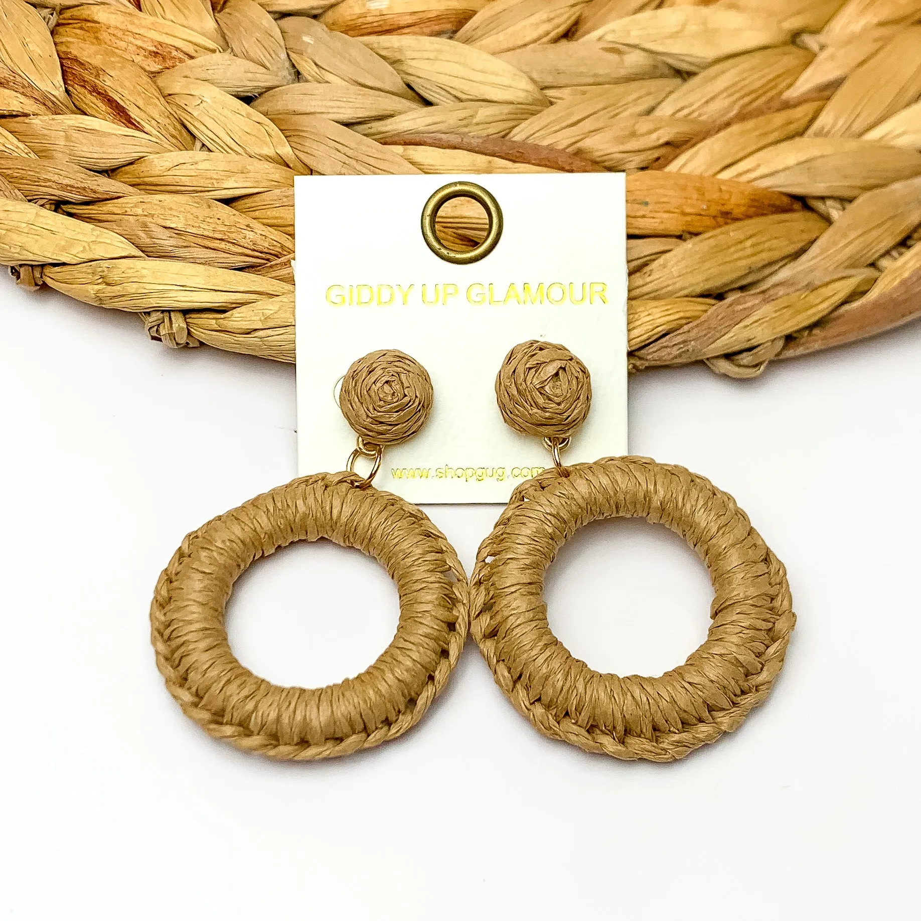 Beachside Café Raffia Wrapped Circle Earrings in Brown