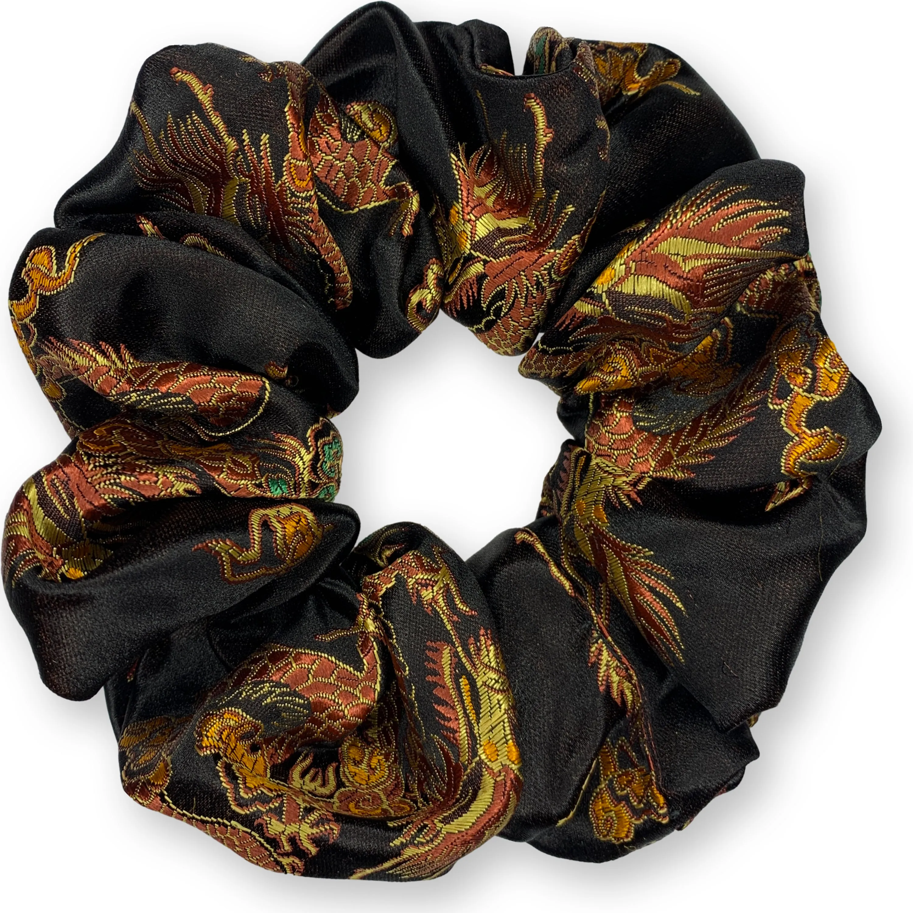 Chinese Dragon Scrunchies King Size XXL Brocade Satin Oversized Ponytail Holders Black