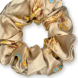 Chinese Dragon Scrunchies King Size XXL Brocade Satin Oversized Ponytail Holders Champagne