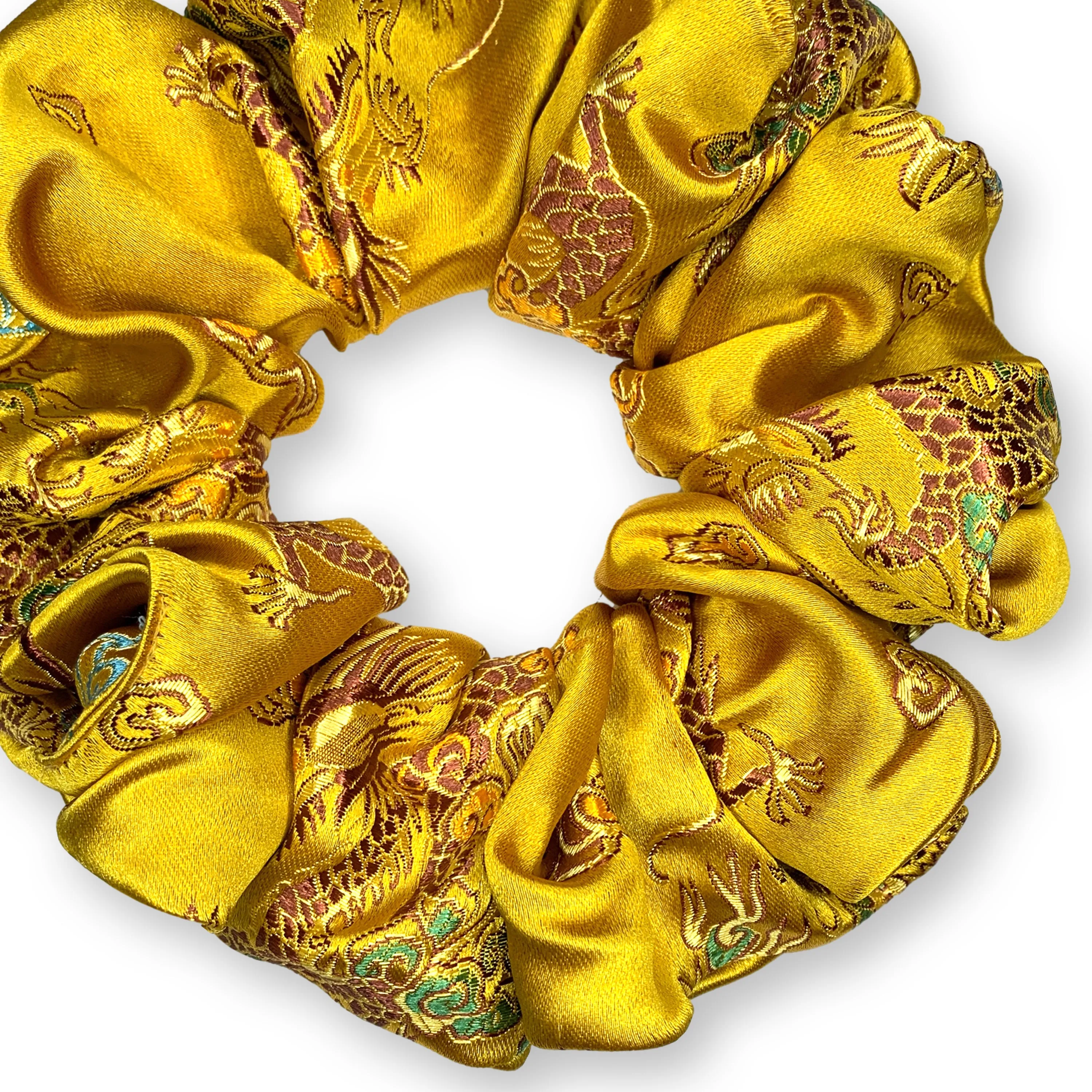 Chinese Dragon Scrunchies King Size XXL Brocade Satin Oversized Ponytail Holders Dark Gold