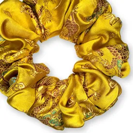 Chinese Dragon Scrunchies King Size XXL Brocade Satin Oversized Ponytail Holders Dark Gold