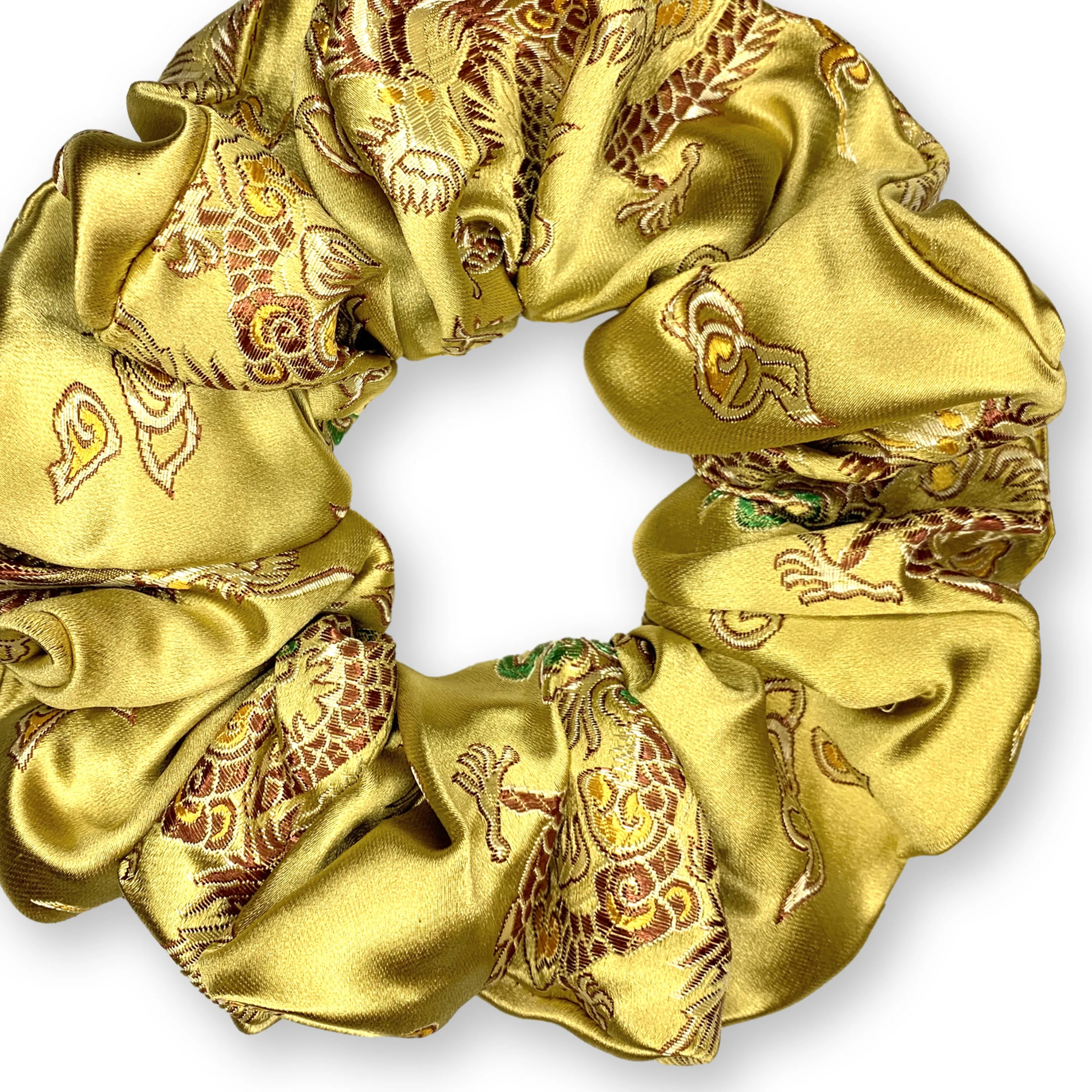 Chinese Dragon Scrunchies King Size XXL Brocade Satin Oversized Ponytail Holders Gold