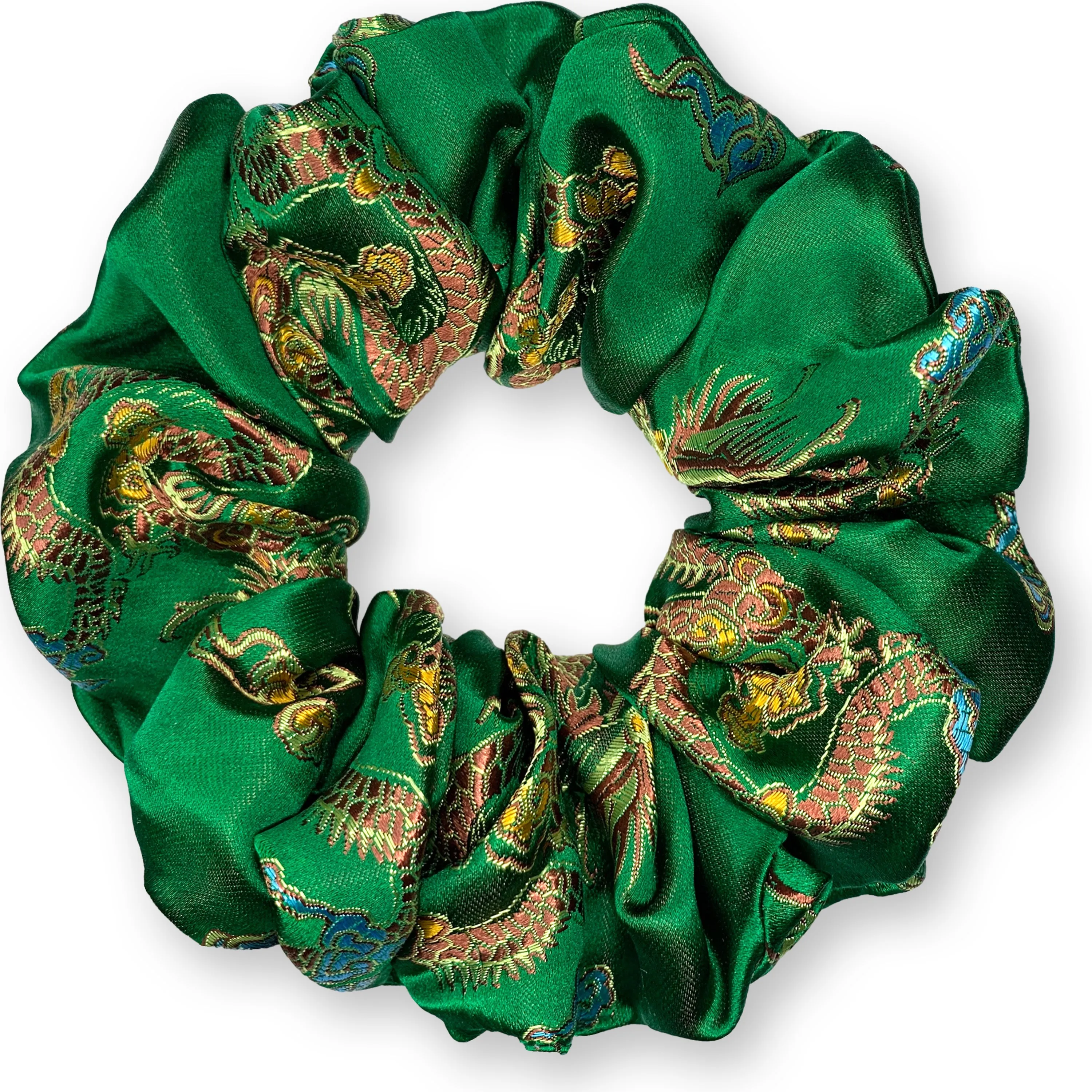 Chinese Dragon Scrunchies King Size XXL Brocade Satin Oversized Ponytail Holders Green