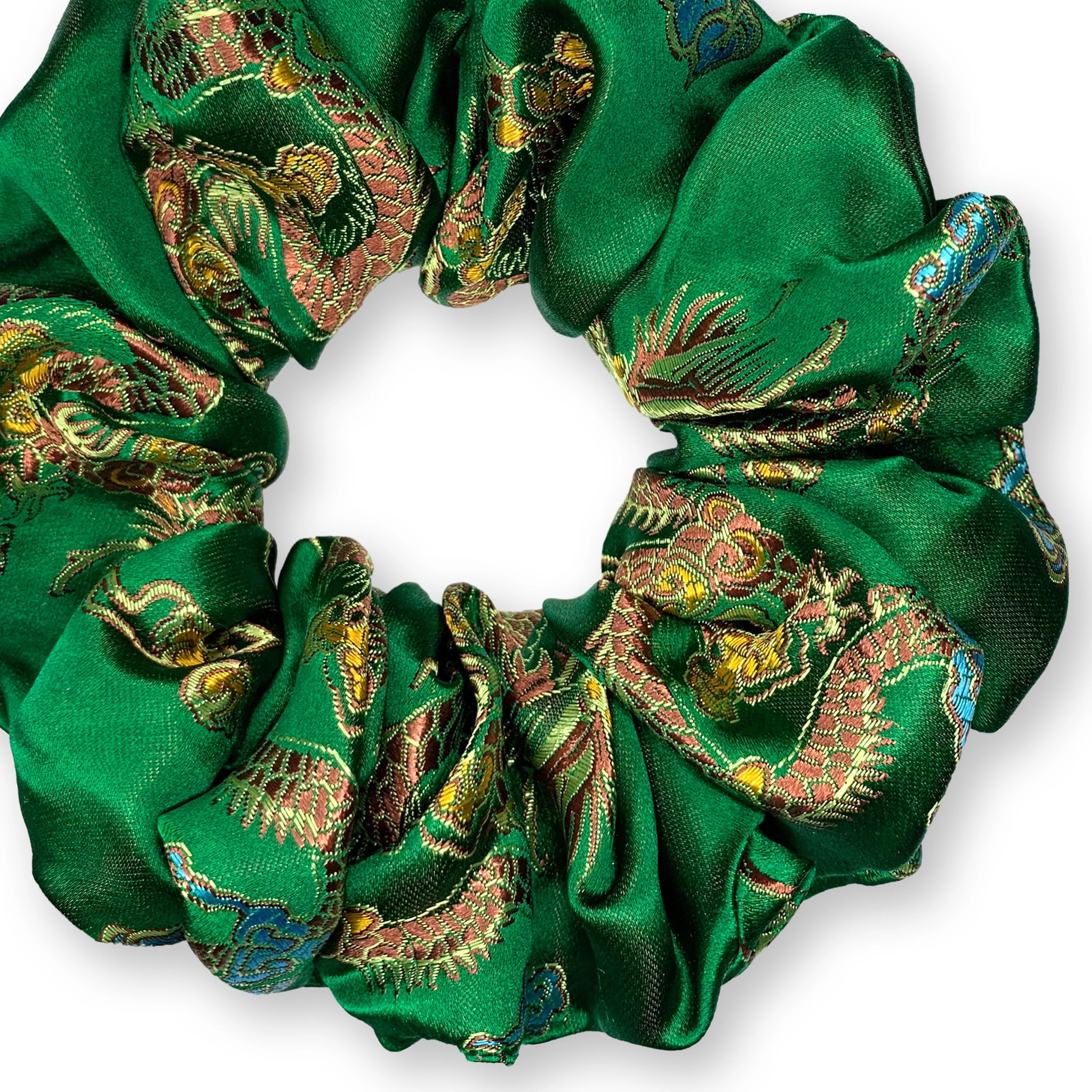 Chinese Dragon Scrunchies King Size XXL Brocade Satin Oversized Ponytail Holders Green