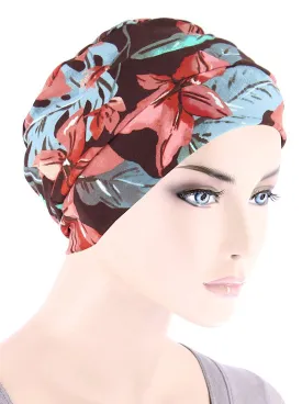 CKC-141#Chemo Cloche Cap in Brown Mauve Tropical Floral