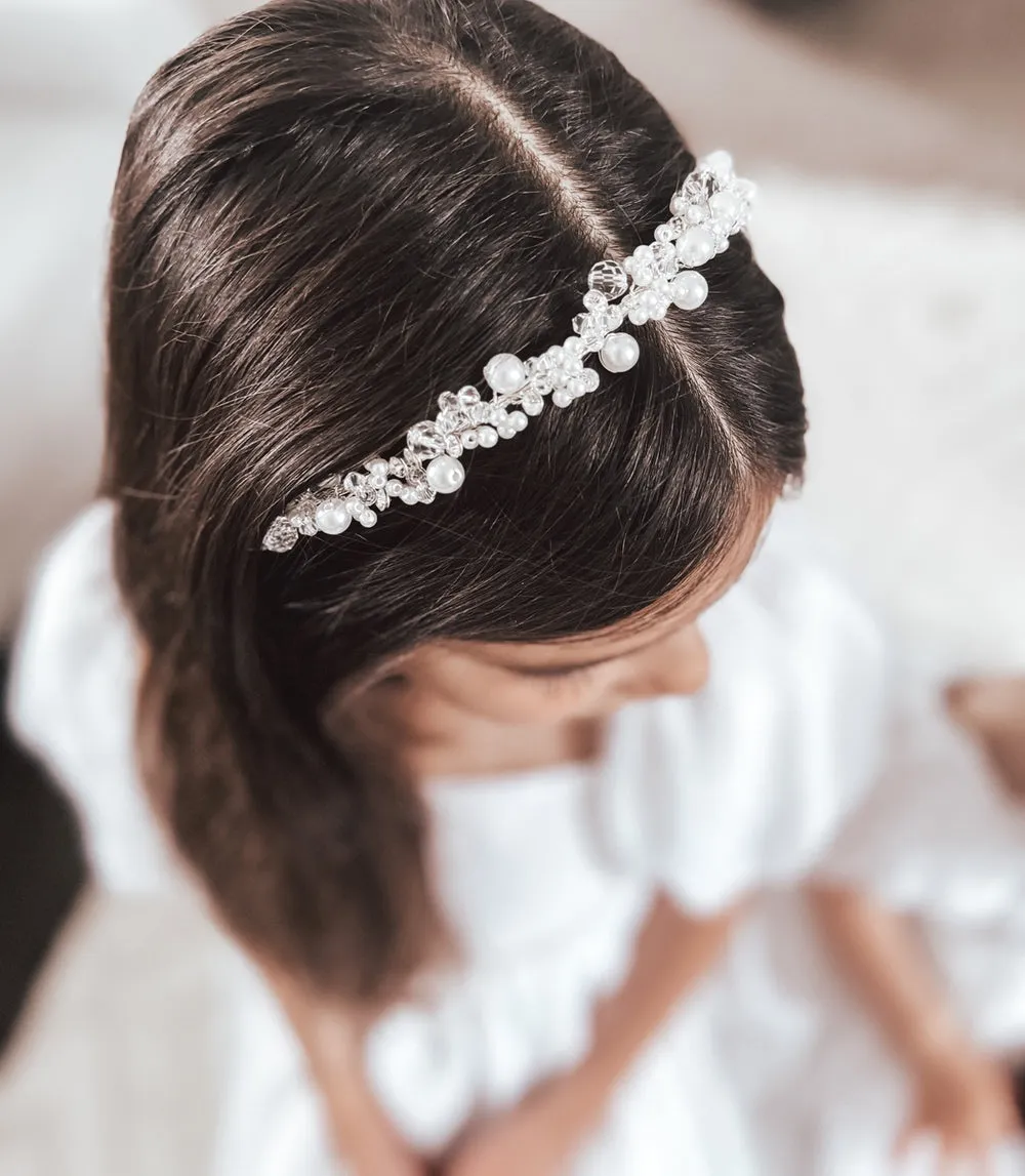 Evelyn Girls Silver Pearl Headband