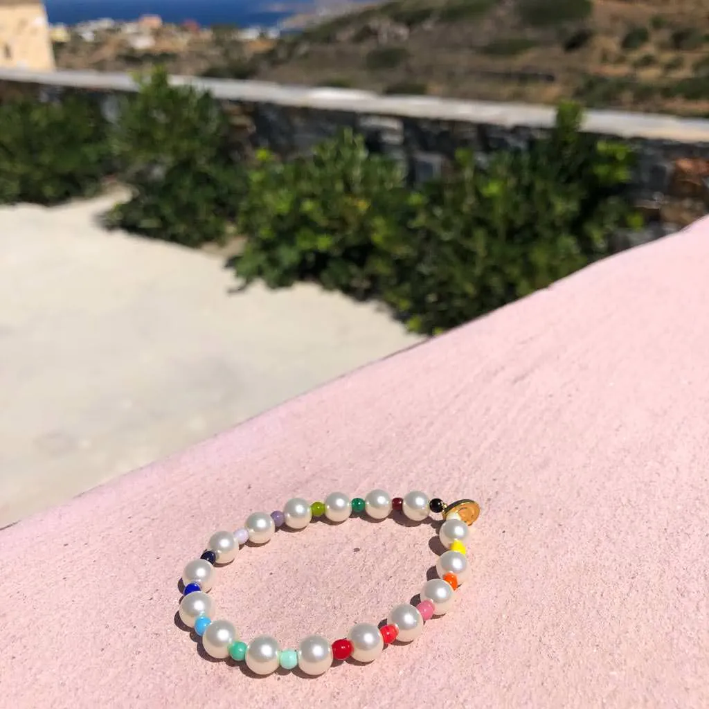 Faux Pearl Rainbow Glass Bead Bracelet