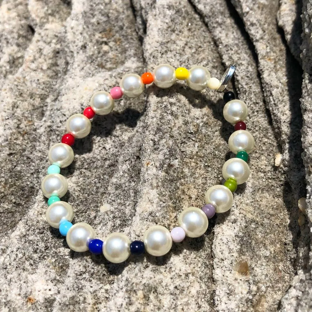 Faux Pearl Rainbow Glass Bead Bracelet