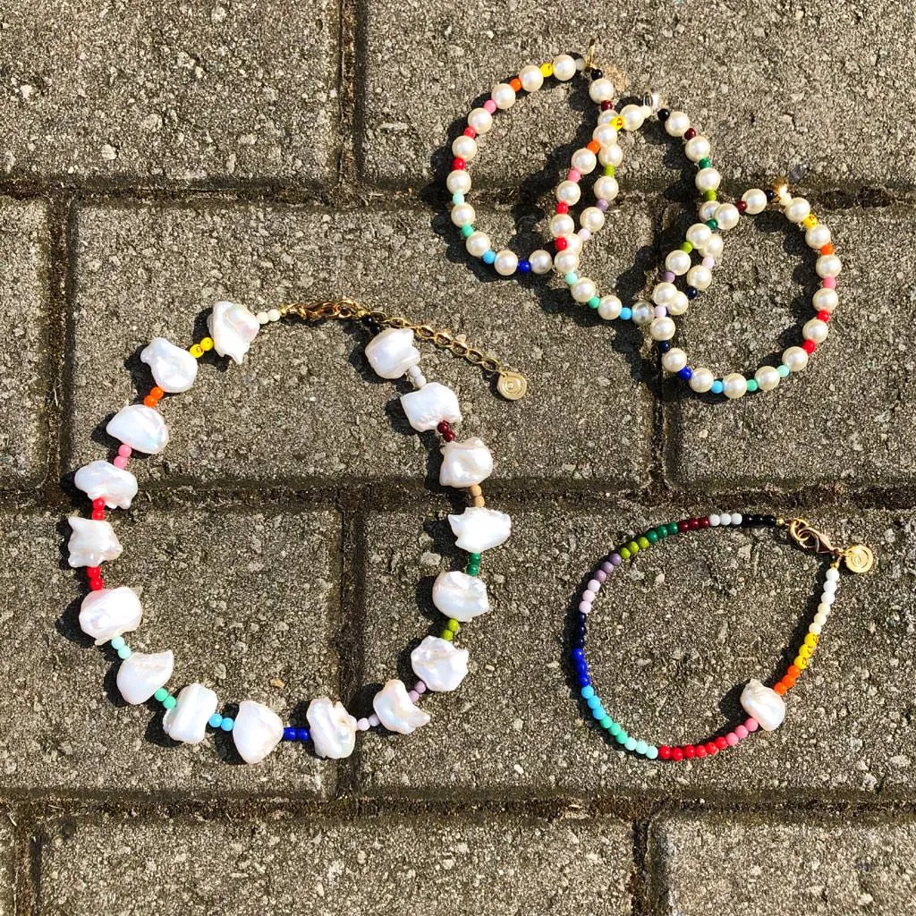 Faux Pearl Rainbow Glass Bead Bracelet