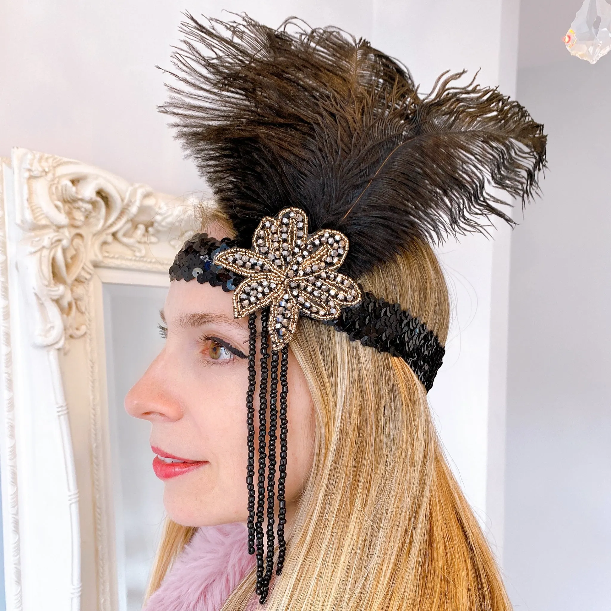 Flapper Headpiece with Feathers and Sequins