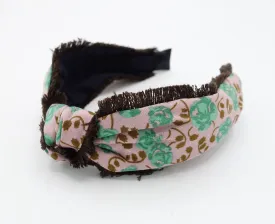 fringe trim headband flower stem print hairband top knot hair accessory for women