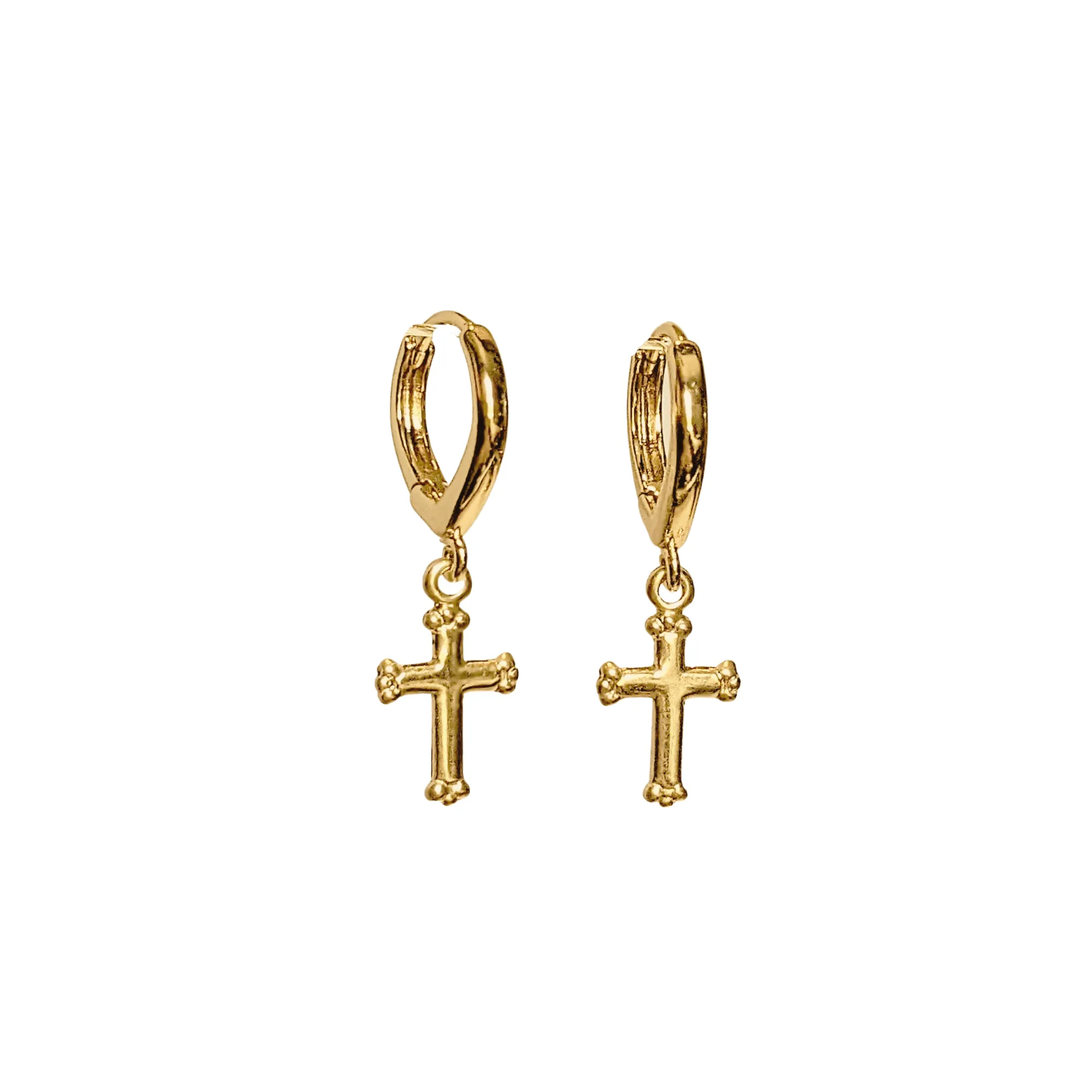 Gold Cross Huggie Hoop earrings, 15mm Hoop Drop