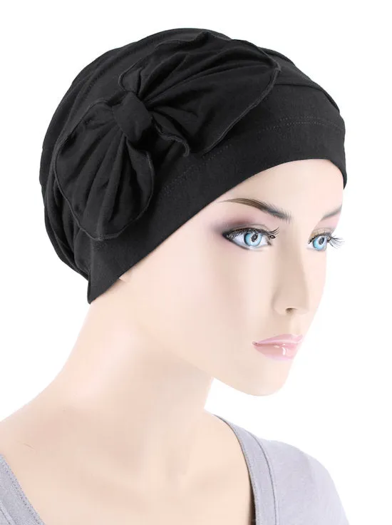 H121BB-BLACK#Bamboo Pleated Bow Cap Onyx Black