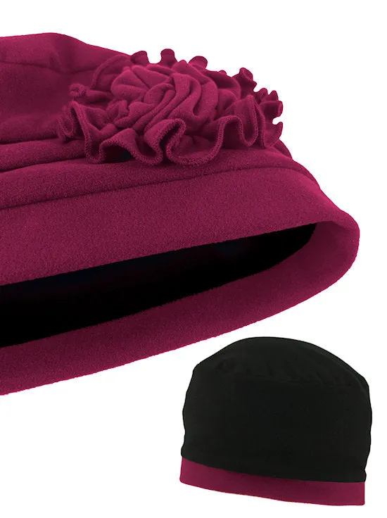 H158-BURGUNDY#Pleated Winter Hat Fleece Lined Burgundy