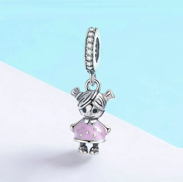 Little Girl Enamel Dangle Charm 925 Sterling Silver