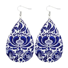 Original blue and white porcelain tie-dye leather earrings art ethnic style earrings