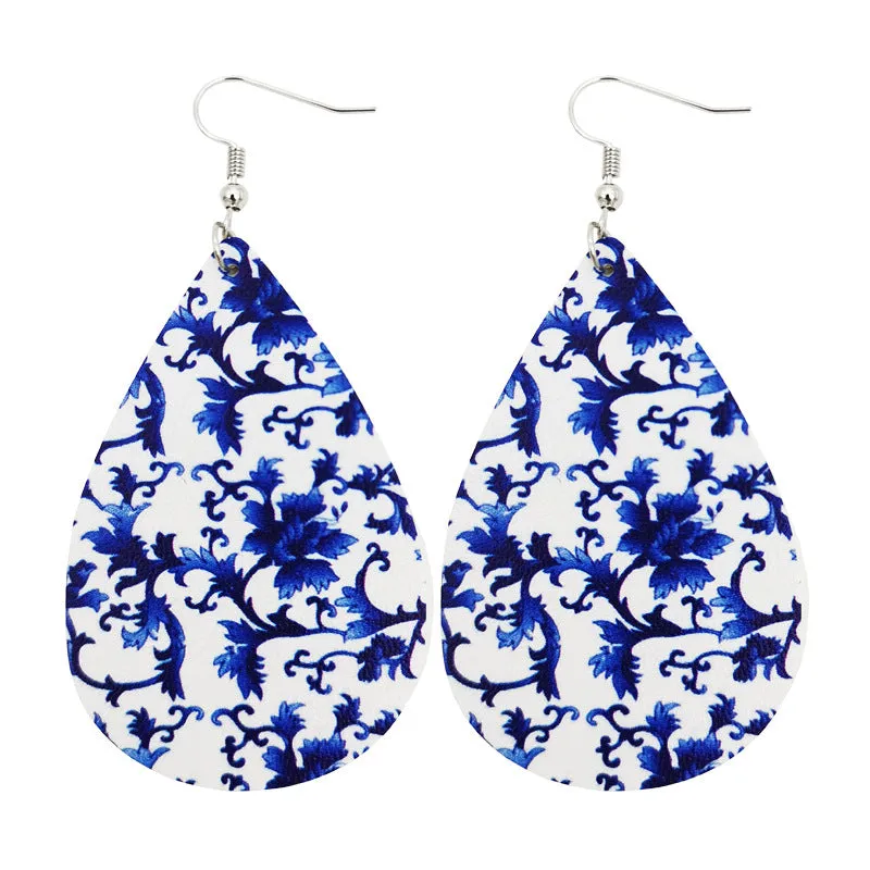 Original blue and white porcelain tie-dye leather earrings art ethnic style earrings