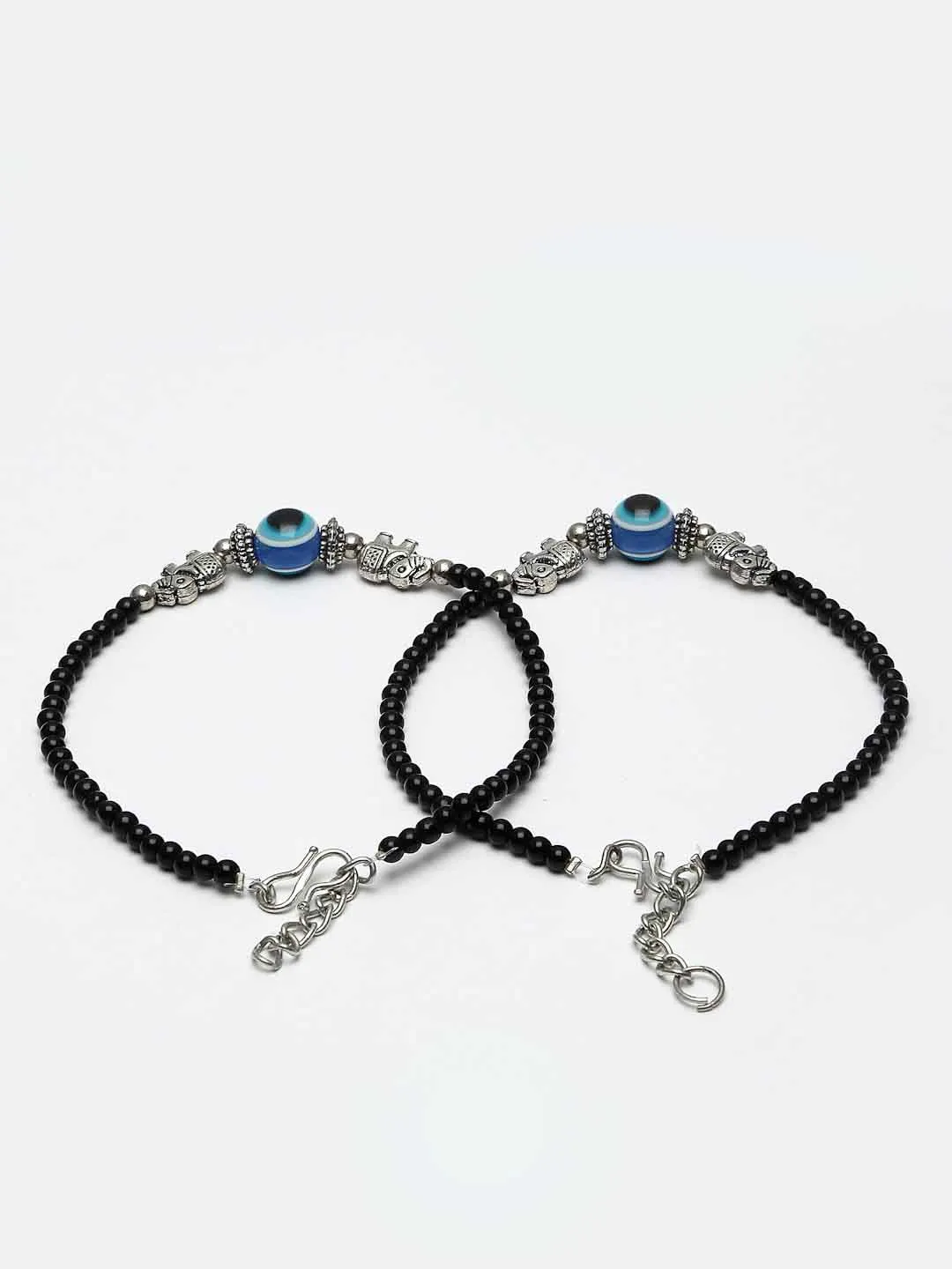 Set Of 2 Silver-Plated Elephant Shaped Black & Blue Beaded Evil Eye Anklets