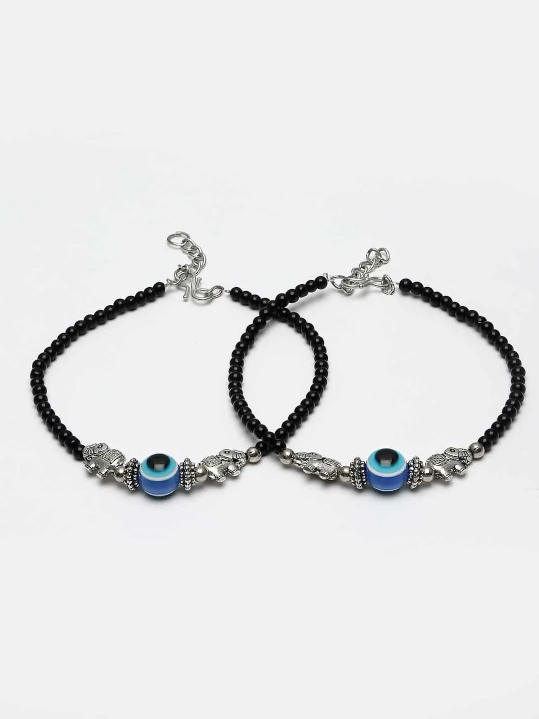 Set Of 2 Silver-Plated Elephant Shaped Black & Blue Beaded Evil Eye Anklets