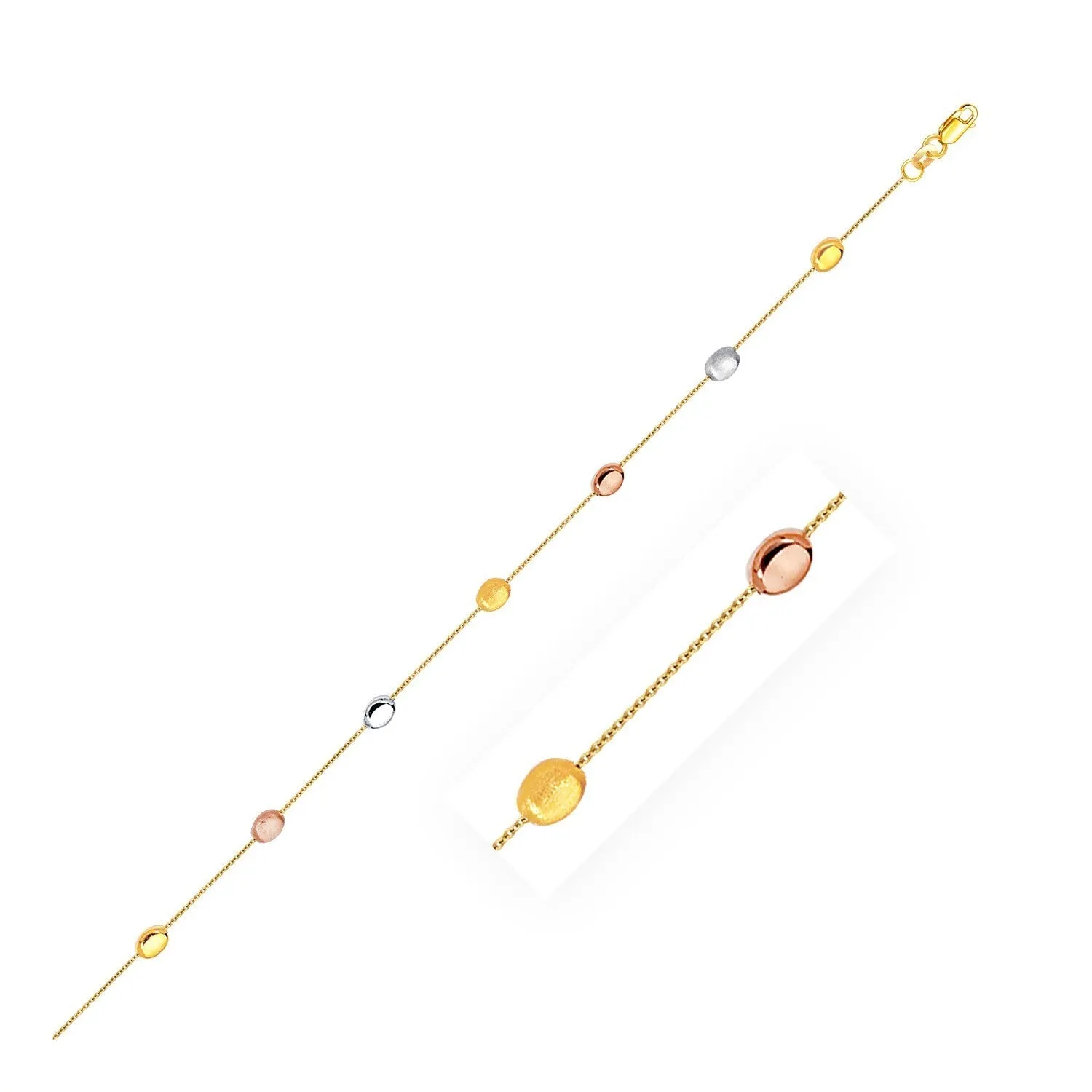 Size: 10'' - 14k Tri-Color Gold Puffed Oval Shape Station Adjustable Anklet