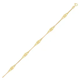 Size: 10'' - 14k Yellow Gold Anklet with Fancy Diamond Shape Filigree Stations