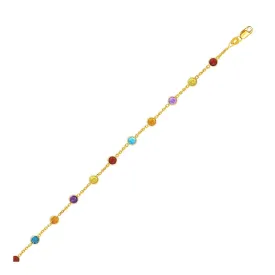 Size: 10'' - 14k Yellow Gold Cable Anklet with Round Multi Tone Stations