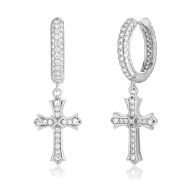 The Wisdom Ⅱ® -925 Sterling Silver Diamond Iced Out Hoop Dangle Iris Cross Earrings